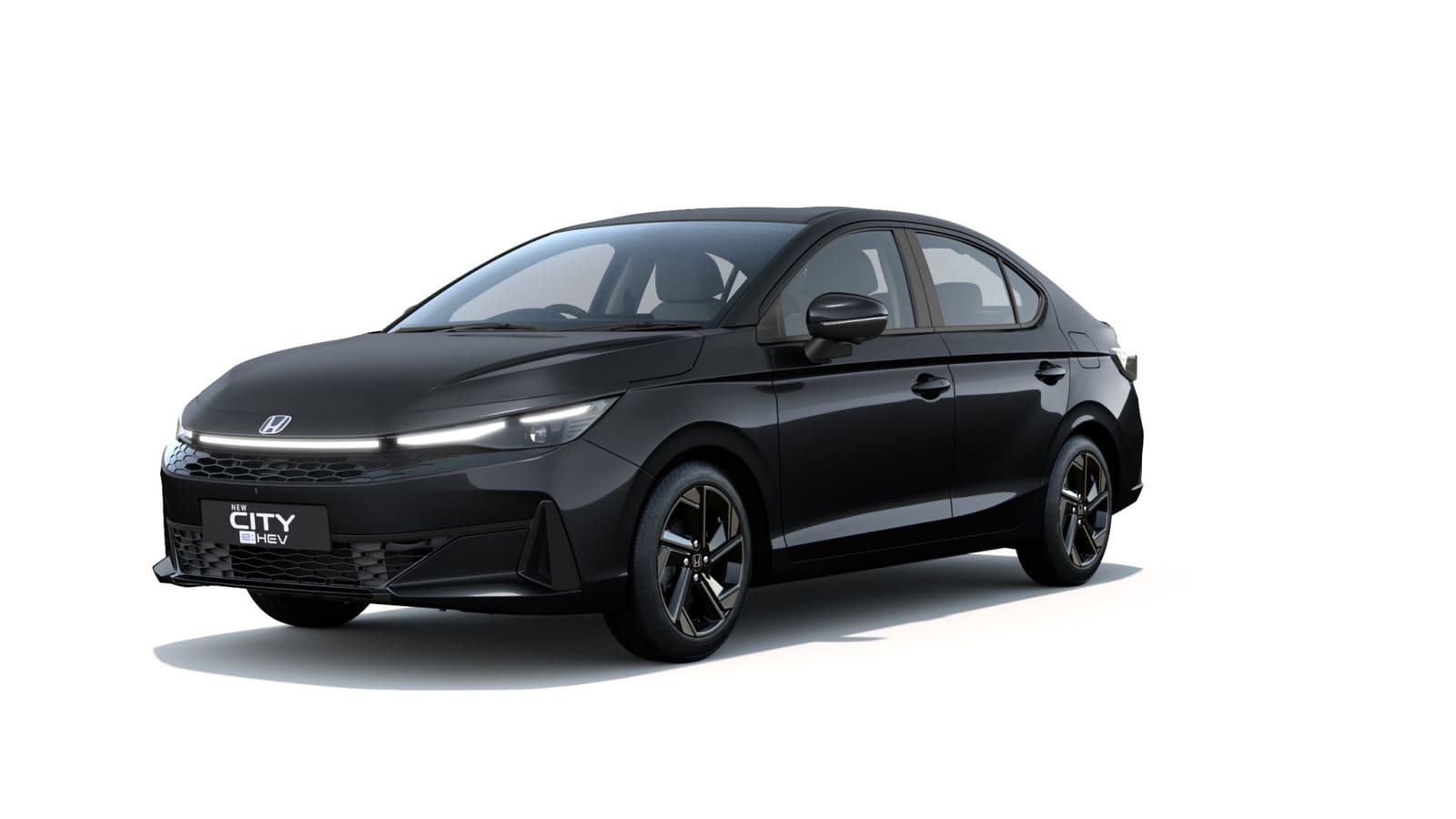 Black Honda City, front three-quarter view