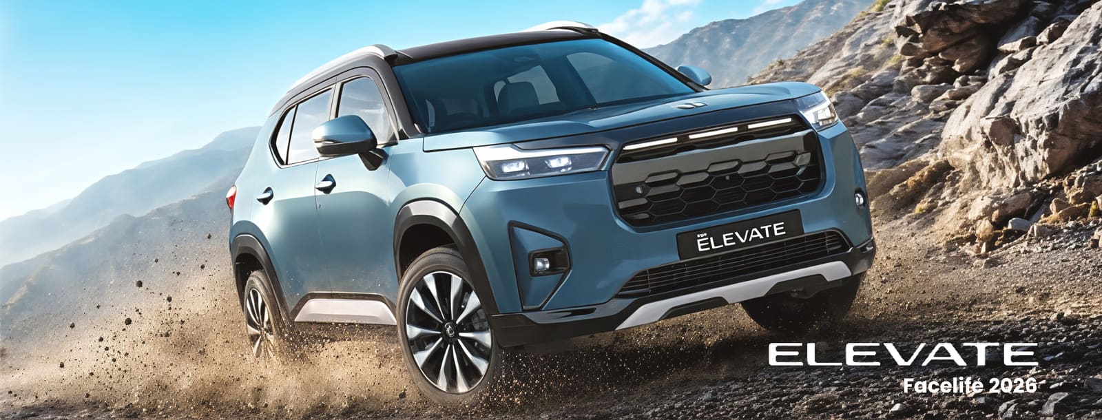 Honda Elevate Facelift 2026 driving on a mountain trail